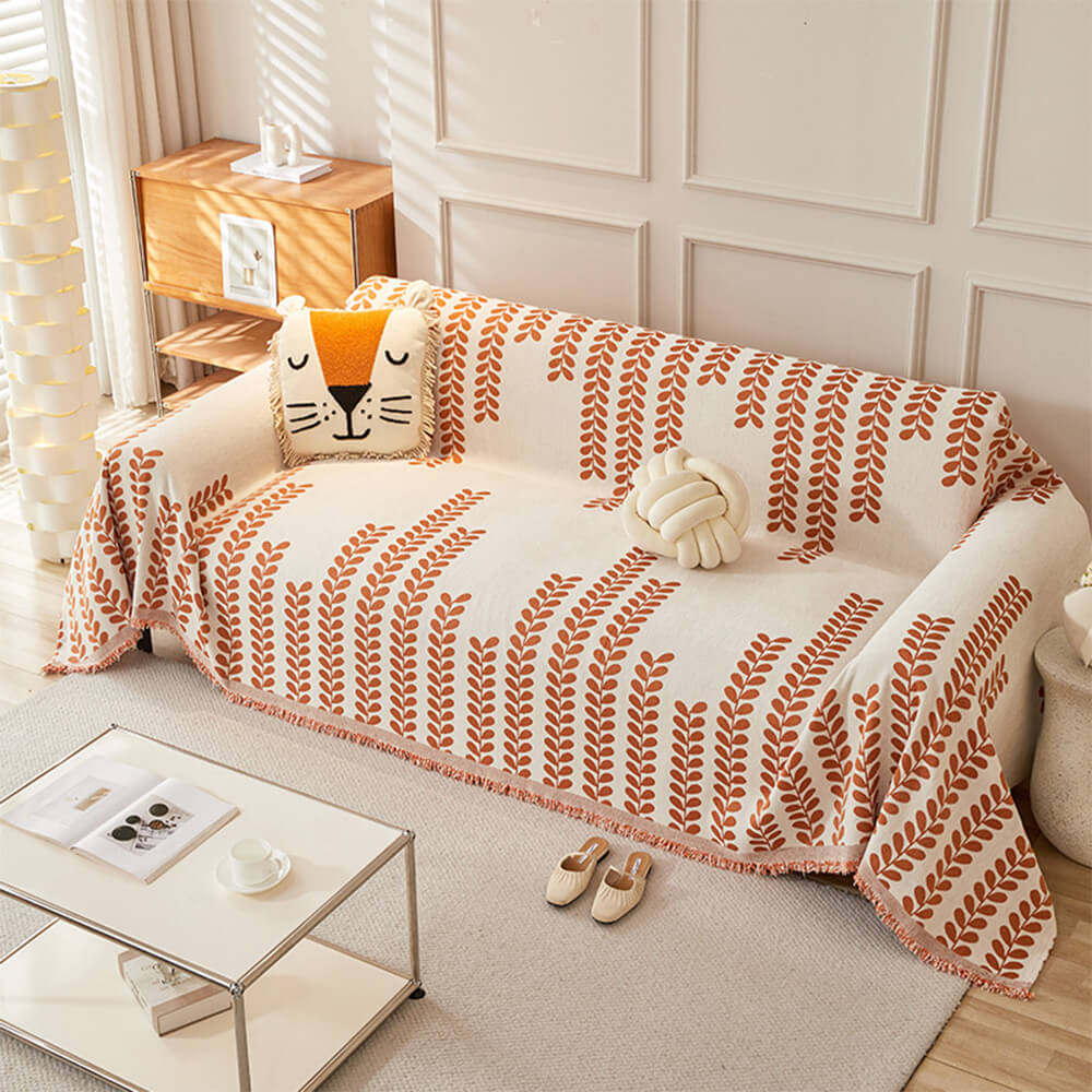 Copertura per Divano in Tessuto Chenille con Strisce a Foglia e Decorazione a Frange