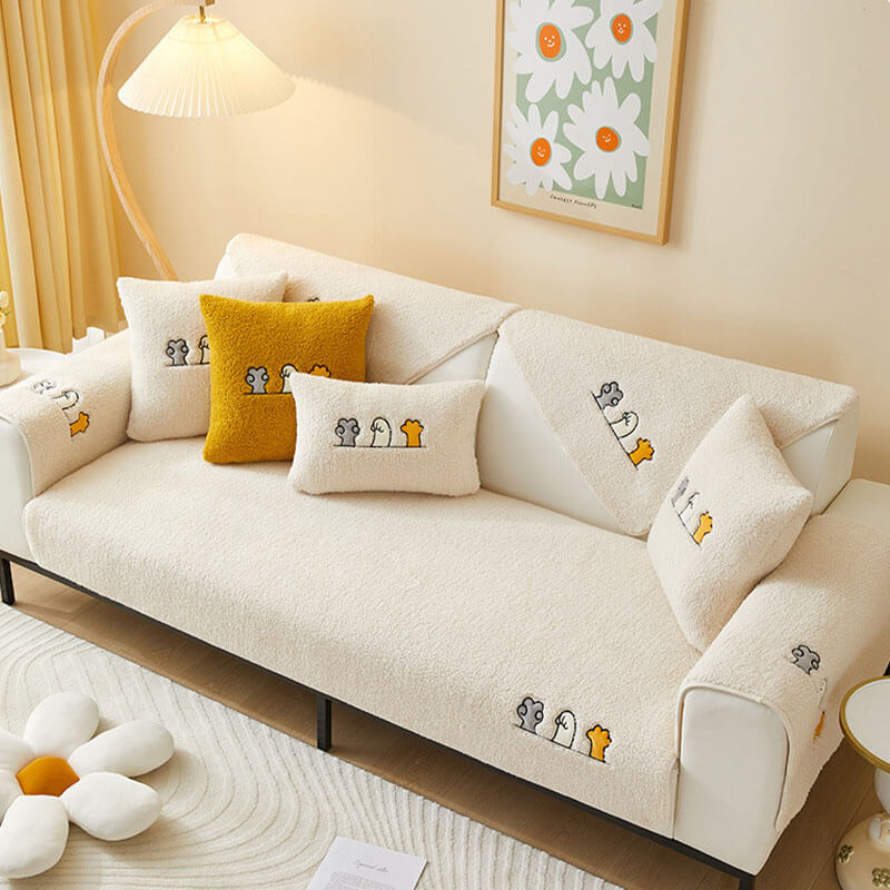 Copertura per divano antiscivolo in sherpa fleece con motivo zampa di gatto adorabile