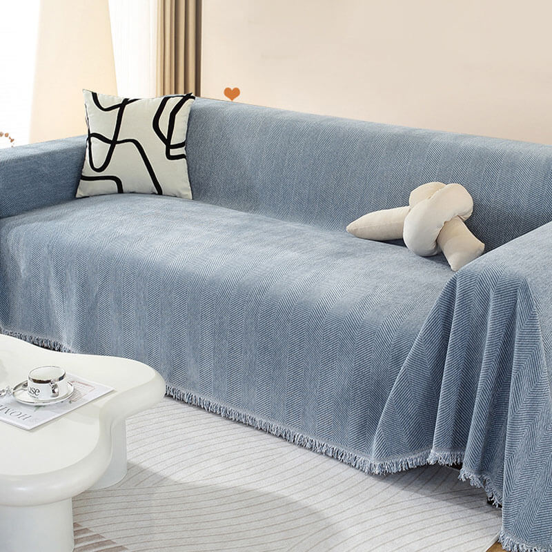 Copertura per divano in chenille con motivo a spina di pesce e frange