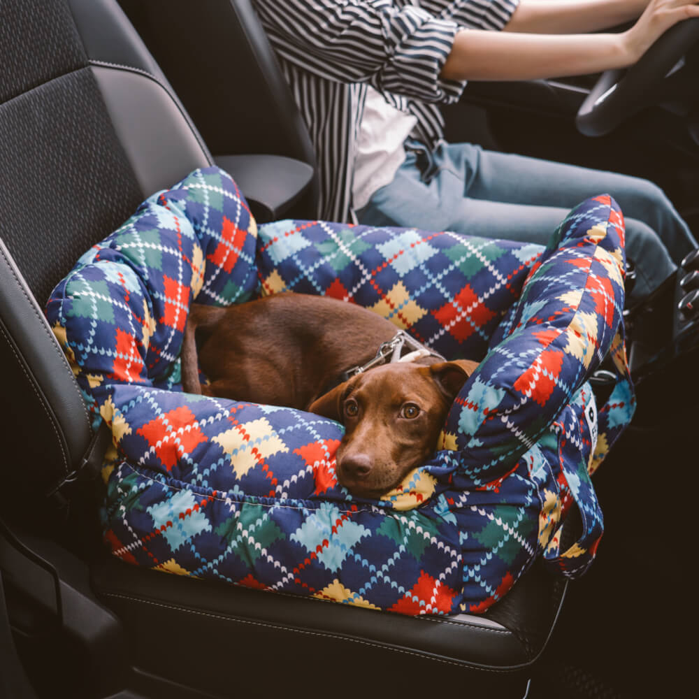 Sedile Auto per Cani con Bordo di Sicurezza – Stile Patchwork in Denim Vintage
