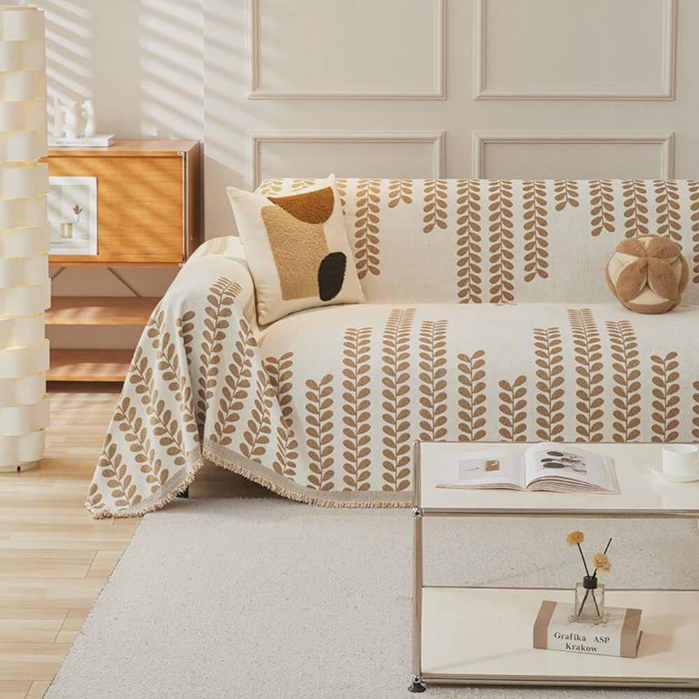 Copertura per Divano in Tessuto Chenille con Strisce a Foglia e Decorazione a Frange