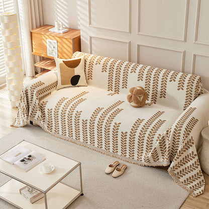 Copertura per Divano in Tessuto Chenille con Strisce a Foglia e Decorazione a Frange