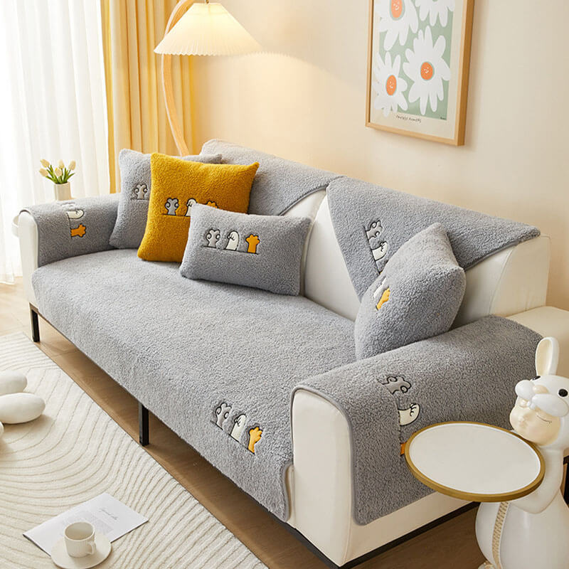 Copertura per divano antiscivolo in sherpa fleece con motivo zampa di gatto adorabile