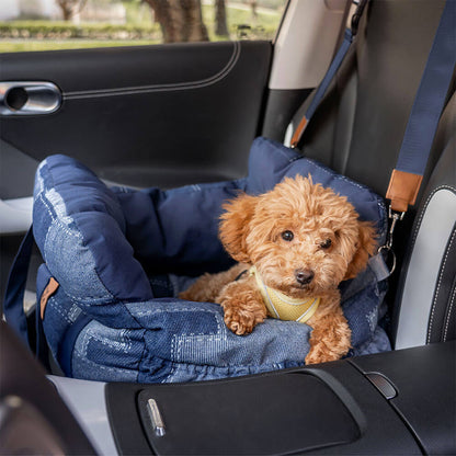 Sedile Auto per Cani con Bordo di Sicurezza – Stile Patchwork in Denim Vintage