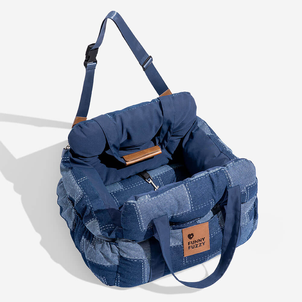 Sedile Auto per Cani con Bordo di Sicurezza – Stile Patchwork in Denim Vintage